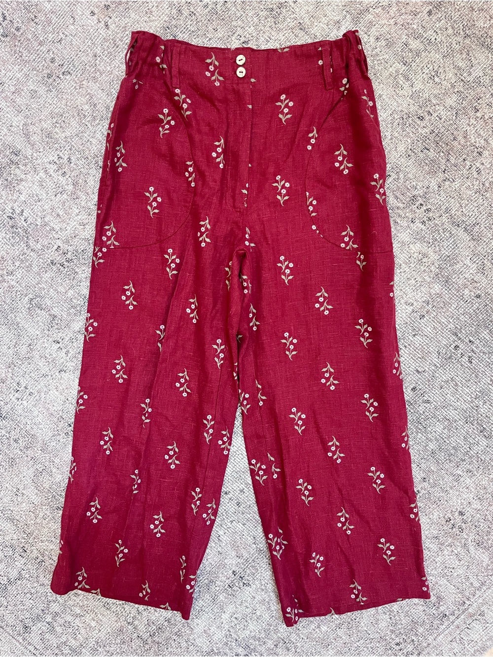 notPERFECTLINEN Crimson Red “Sarah” Fit & Flare Wide-Leg Floral Linen Pants M/L